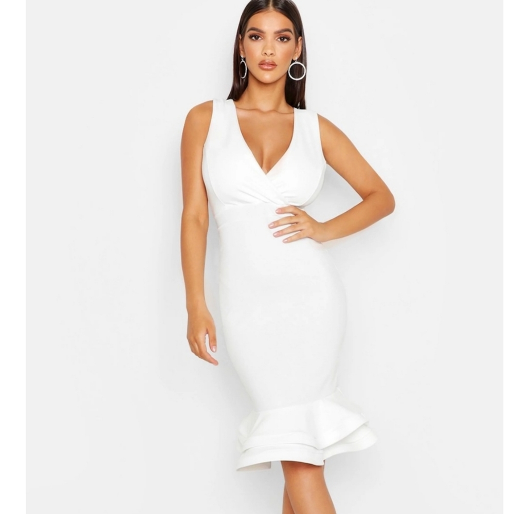 Boohoo Wrap Sleevless Fishtail Ruffle Midi Dress